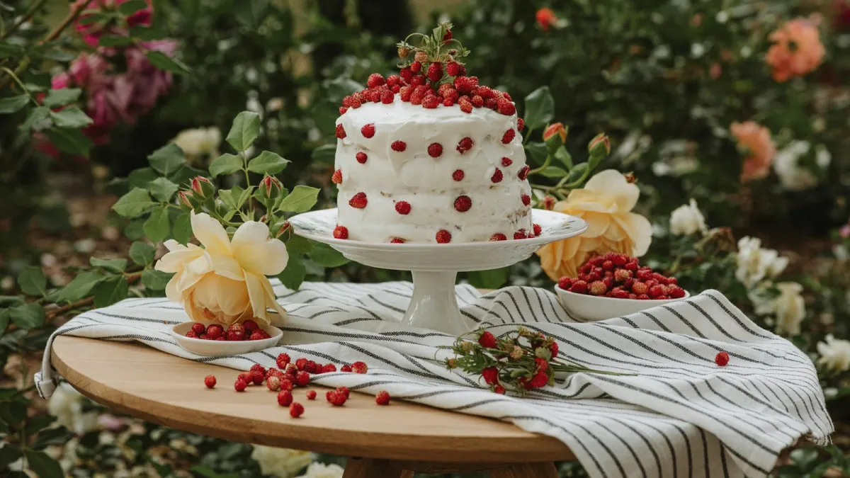 Witte taart met bosaardbeitjes op een taartplateau, op een houten tuintafel tussen de rozen